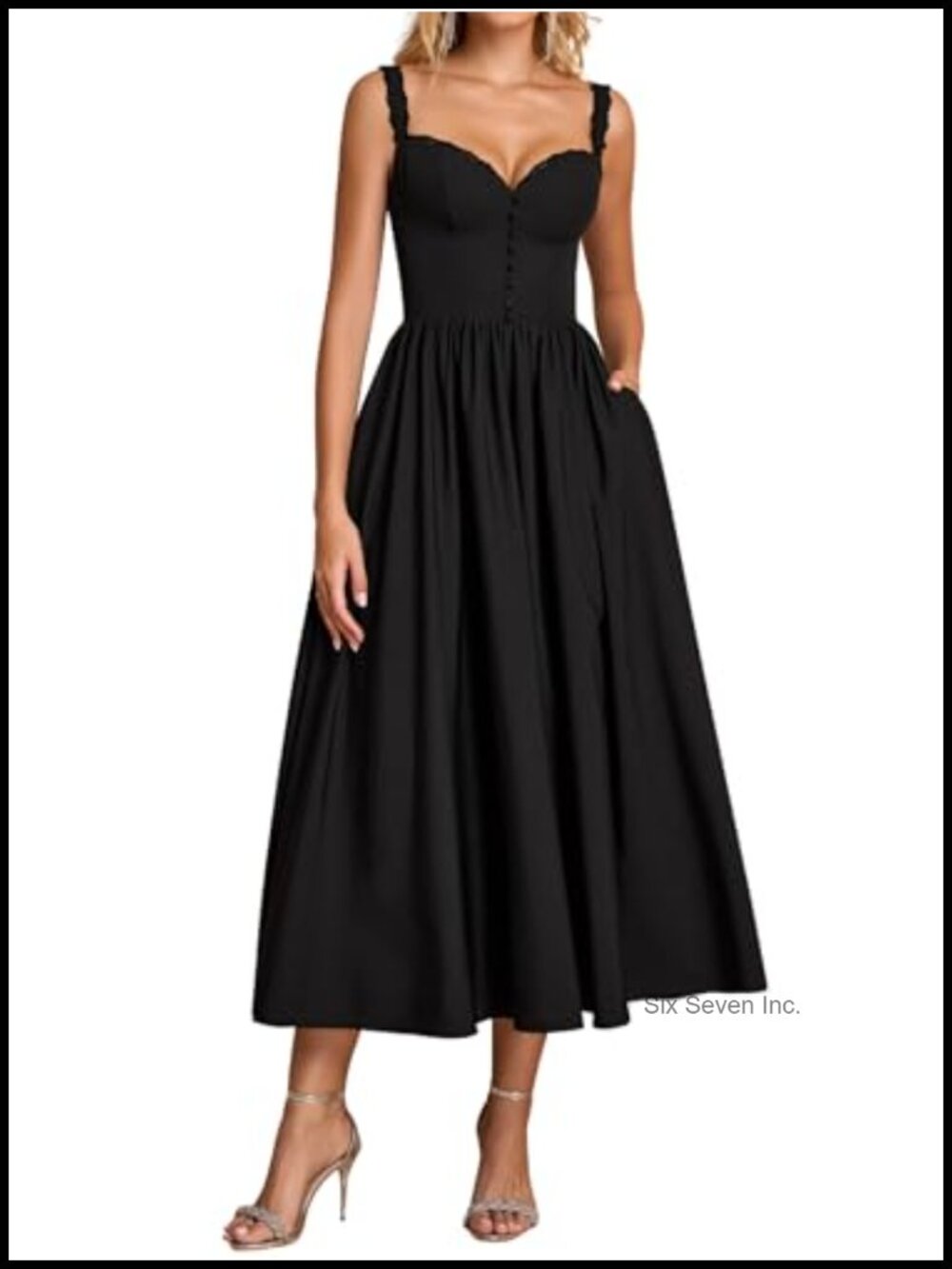 Lace Spaghetti Strap Corset Midi Dress A Line Wedding Guest Sundress Pockets